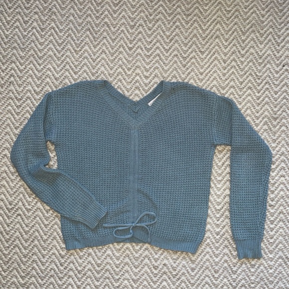 Sincerely Jules Cropped V-Neck Scrunch Tie Sweater Teal Blue Size Small - Picture 1 of 9